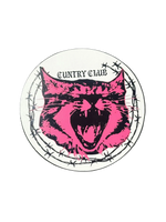 White round Cuntry Club logo sticker with a hot pink screaming cat face inside a barbed wire ring