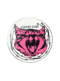 White round Cuntry Club logo sticker with a hot pink screaming cat face inside a barbed wire ring