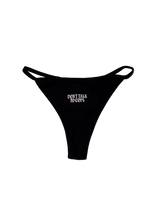 Black thong with "Don't Talk to Cops" printed small in white gothic letters on the front