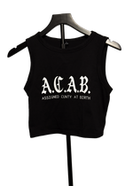 A.C.A.B. Assigned Cunty at Birth black cropped tank top on a hanger with white gothic print across the chest