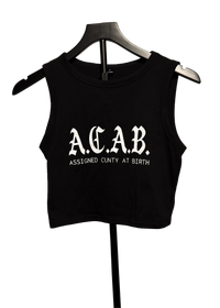 A.C.A.B. Assigned Cunty at Birth black cropped tank top on a hanger with white gothic print across the chest