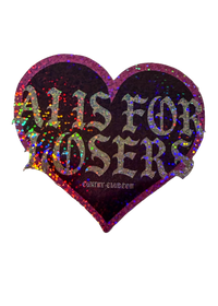 Black glitter heart sticker with sparkly gothic "AI Is for Losers" lettering and a pink glitter edge