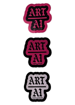 Three Art Over AI anti AI stickers stacked vertically in pink, black and white