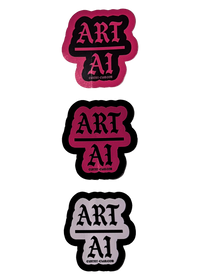 Three Art Over AI anti AI stickers stacked vertically in pink, black and white