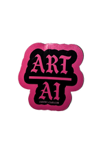 Hot pink and black Art Over AI sticker with gothic lettering, Art above a line and AI below