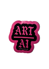 Hot pink and black Art Over AI sticker with gothic lettering, Art above a line and AI below