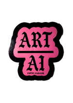 Light pink Art Over AI sticker with "Art" over a line over "AI" in black gothic lettering and a thick black border