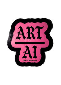 Light pink Art Over AI sticker with "Art" over a line over "AI" in black gothic lettering and a thick black border