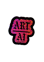 Pink holographic glitter Art Over AI sticker with black gothic lettering and a black border