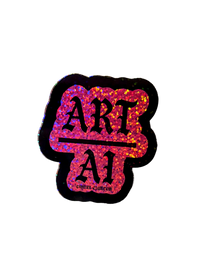 Pink holographic glitter Art Over AI sticker with black gothic lettering and a black border