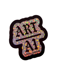 Silver holographic glitter Art Over AI sticker with black gothic lettering and a black border