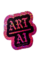 Black Art Over AI sticker with pink glitter gothic lettering and a pink glitter border