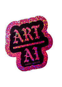 Black Art Over AI sticker with pink glitter gothic lettering and a pink glitter border