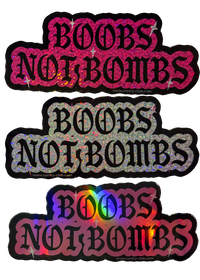 Three Boobs Not Bombs free Palestine stickers in pink glitter, silver glitter and pink holographic