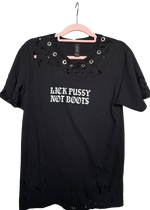 Black t-shirt with text on a hanger against a white background