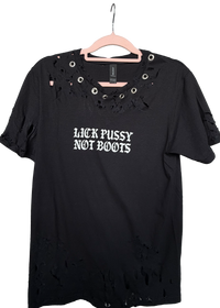 Black t-shirt with text on a hanger against a white background