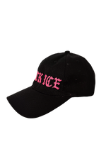 Left side view of the black Fuck ICE baseball cap with pink gothic embroidery