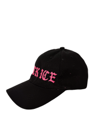 Left side view of the black Fuck ICE baseball cap with pink gothic embroidery
