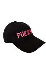 Side view of the black Fuck ICE anti ICE baseball cap with pink embroidery