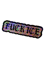 Silver glitter Fuck ICE sticker with black gothic lettering, angled to catch the sparkle