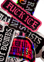 Black Fuck ICE sticker with pink gothic lettering on a pile of Cuntry Club stickers