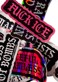 Black Fuck ICE sticker with pink gothic lettering on a pile of Cuntry Club stickers