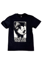 A black short-sleeve graphic t-shirt featuring a high-contrast black and white print with the text 'DON'T WANT TO SEE TRANS PEOPLE?' above a distressed face and 'GOUGE OUT YOUR EYES' below.