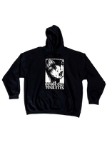 Black hoodie laid flat with a large black and white print of a face with dark streaks running from the eyes and "Gouge Out Your Eyes" in gothic letters