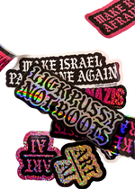 Silver holographic "Lick Pussy Not Boots" sticker on a pile of Cuntry Club stickers