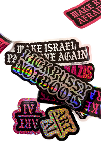 Silver holographic "Lick Pussy Not Boots" sticker on a pile of Cuntry Club stickers