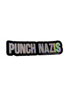 Black Punch Nazis sticker with sparkly silver glitter lettering, close view
