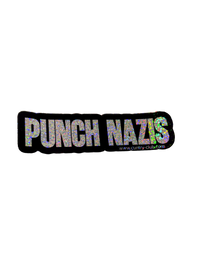 Black Punch Nazis sticker with sparkly silver glitter lettering, close view