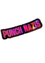 Pink holographic Punch Nazis sticker, alternate design with bold black lettering, angled