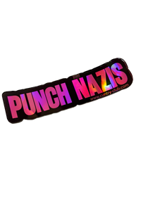 Pink holographic Punch Nazis sticker, alternate design with bold black lettering, angled