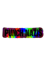 Black Punch Nazis sticker with silver holographic lettering that shifts to rainbow