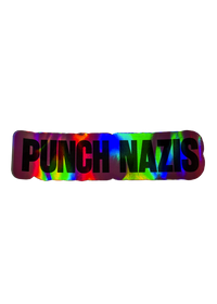 Black Punch Nazis sticker with silver holographic lettering that shifts to rainbow