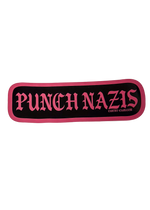 Hot pink Punch Nazis sticker with black gothic lettering and a black border