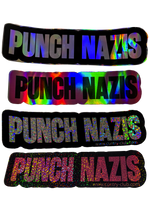 Four Punch Nazis stickers with holographic and glitter lettering on black