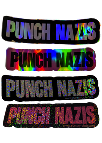 Four Punch Nazis stickers with holographic and glitter lettering on black