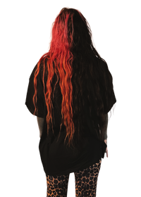 alternative femme with piercings, tattoos and split dye hair wearing a boxy oversized "ruin rapists' lives" tee from the back

