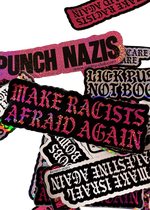 XL black "Make Racists Afraid Again" sticker with pink glitter gothic lettering on a pile of Cuntry Club stickers